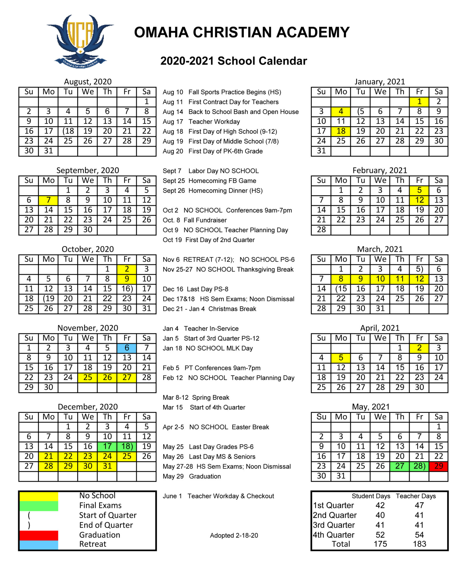 2020/2021 School Calendar - Omaha Christian Academy